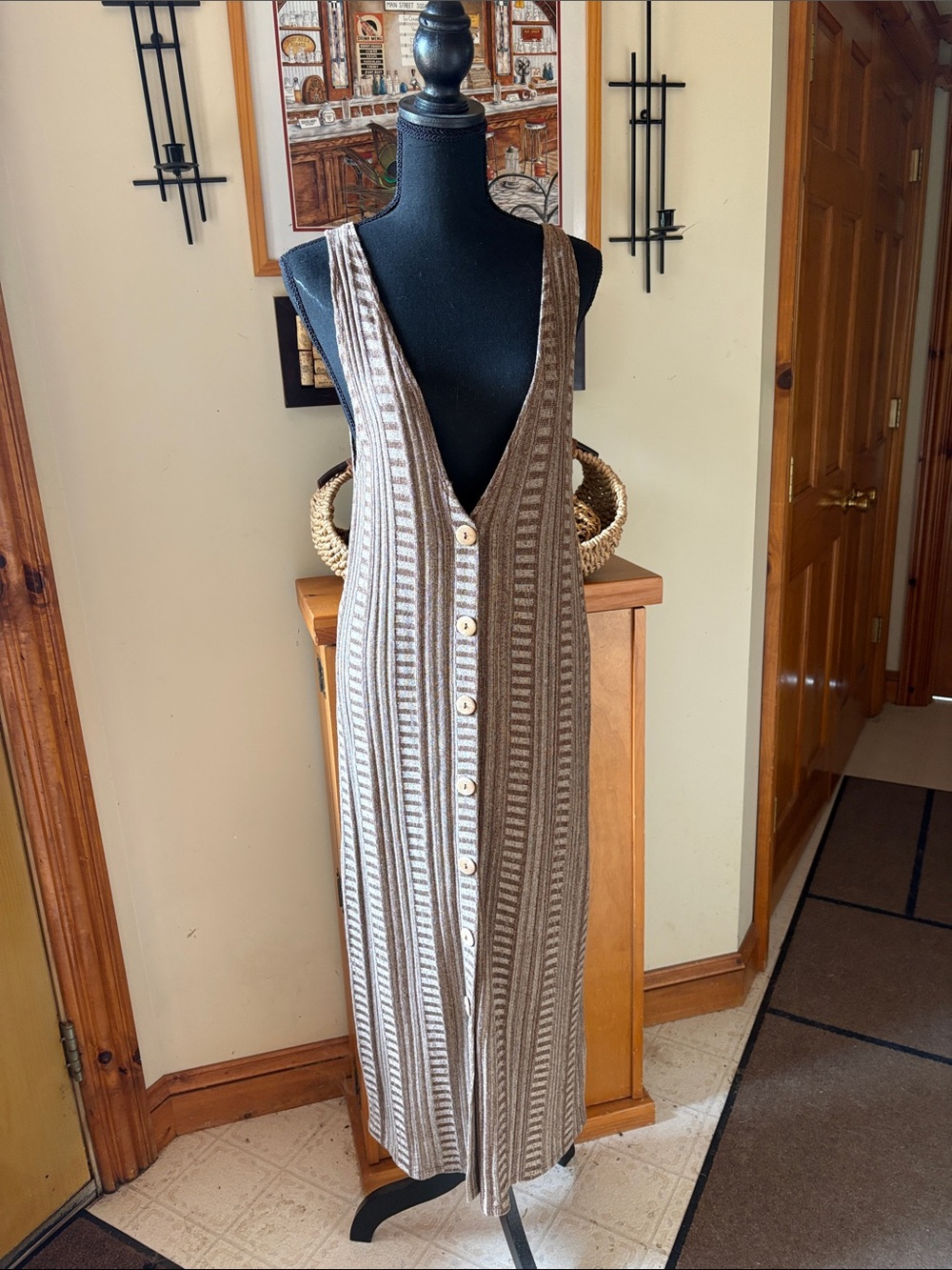 Zara Brown & Cream Striped Midi Button-Front Dress